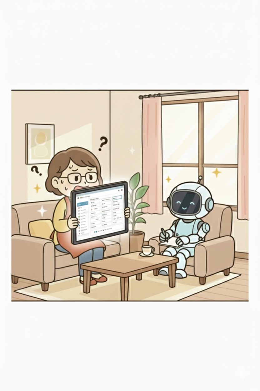 Cocoon設定の複雑さに困惑する主婦とAIロボット