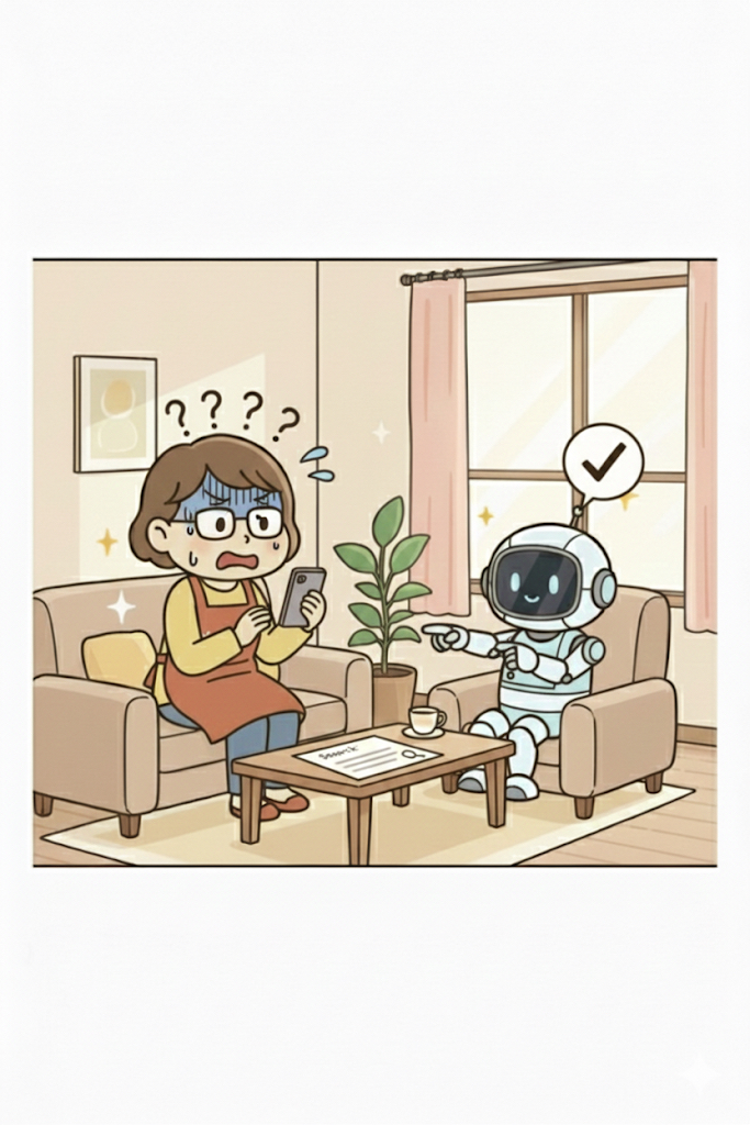 目次が出ず焦る主婦とヒントを差し出すAIロボット