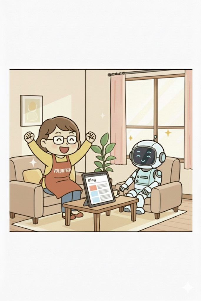 問題解決に喜び、次の質問をする主婦と頷くAIロボット