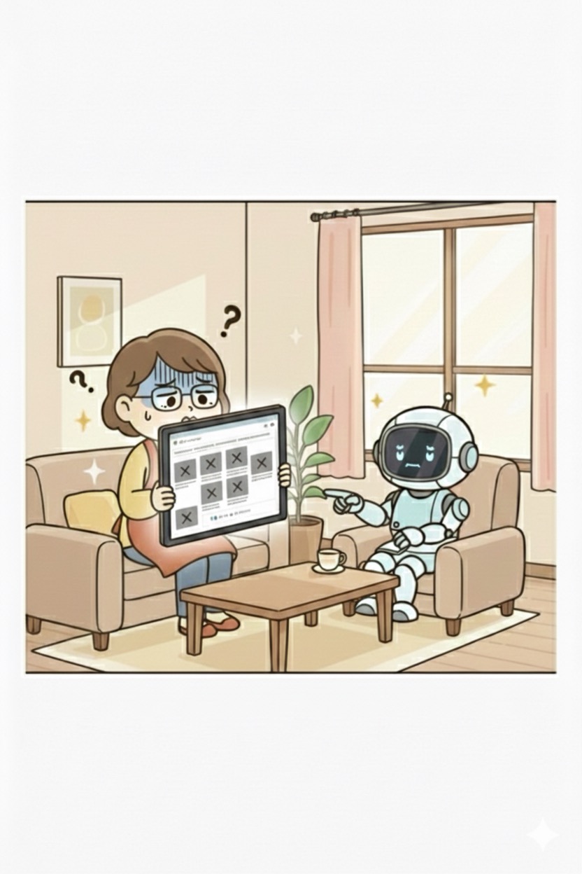 画像が壊れているマークを見て心底ガッカリする主婦とAIロボット