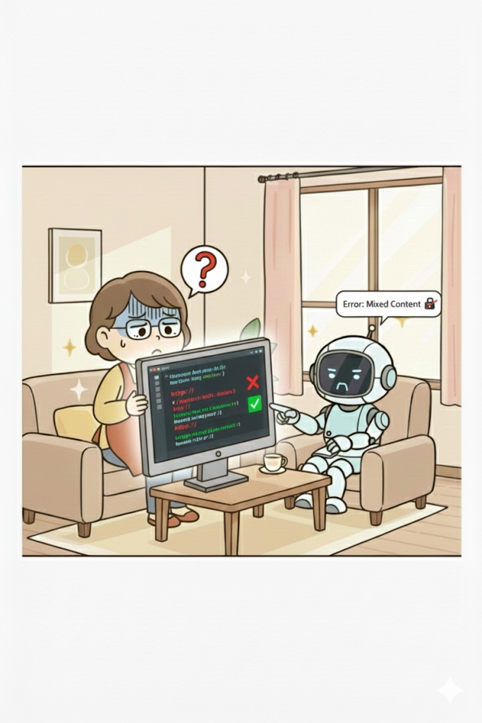 開発者ツールでHTTPとHTTPSの混在を指摘される主婦