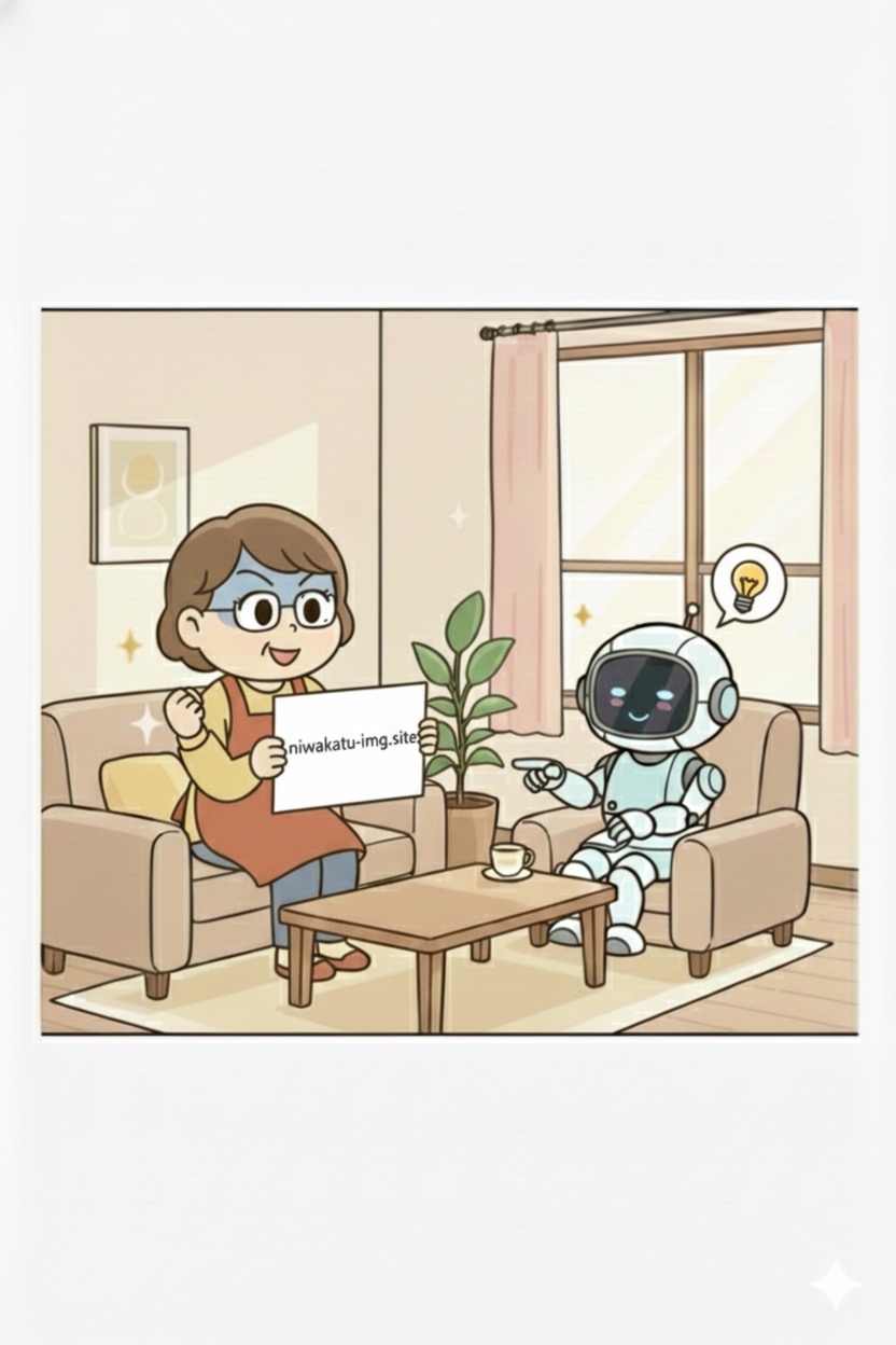 新しいドメイン名が書かれた紙を握りしめ、決意の表情を浮かべる主婦とAIロボット