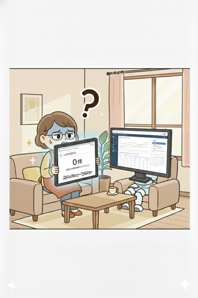 スマホで検索しても自分の記事がヒットせず焦る主婦と、PC画面で何かを確認するAIロボット