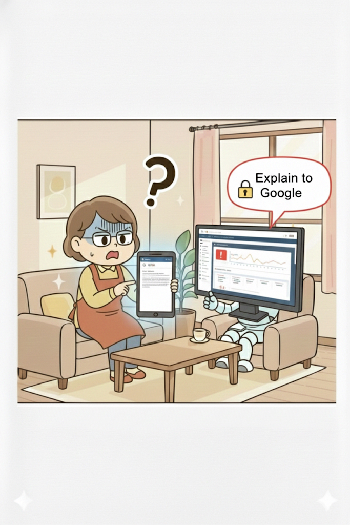 Google Search Consoleの画面を指し示し説明するAIロボットと、困惑する主婦