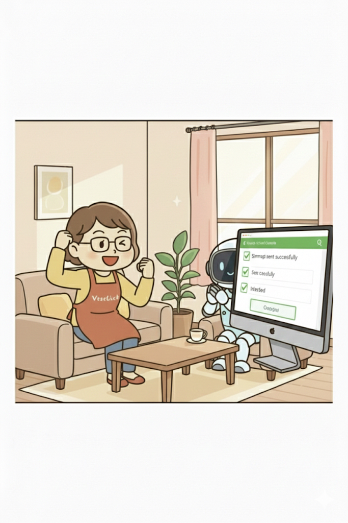 Search Consoleでサイトマップ送信成功のメッセージを見てガッツポーズをする主婦と、頷くAIロボット