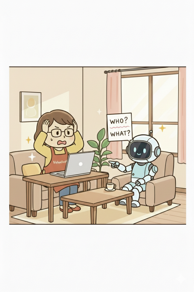 白い画面を前に頭を抱え、何を書けばいいか悩む主婦と、問いかけのボードを指し示すAIロボット