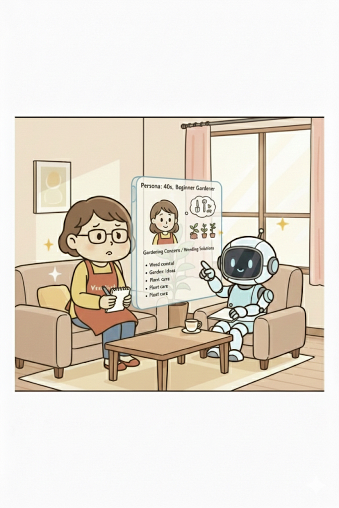 ターゲット読者のイメージ図を見て、悩み（キーワード）をメモする主婦とAIロボット