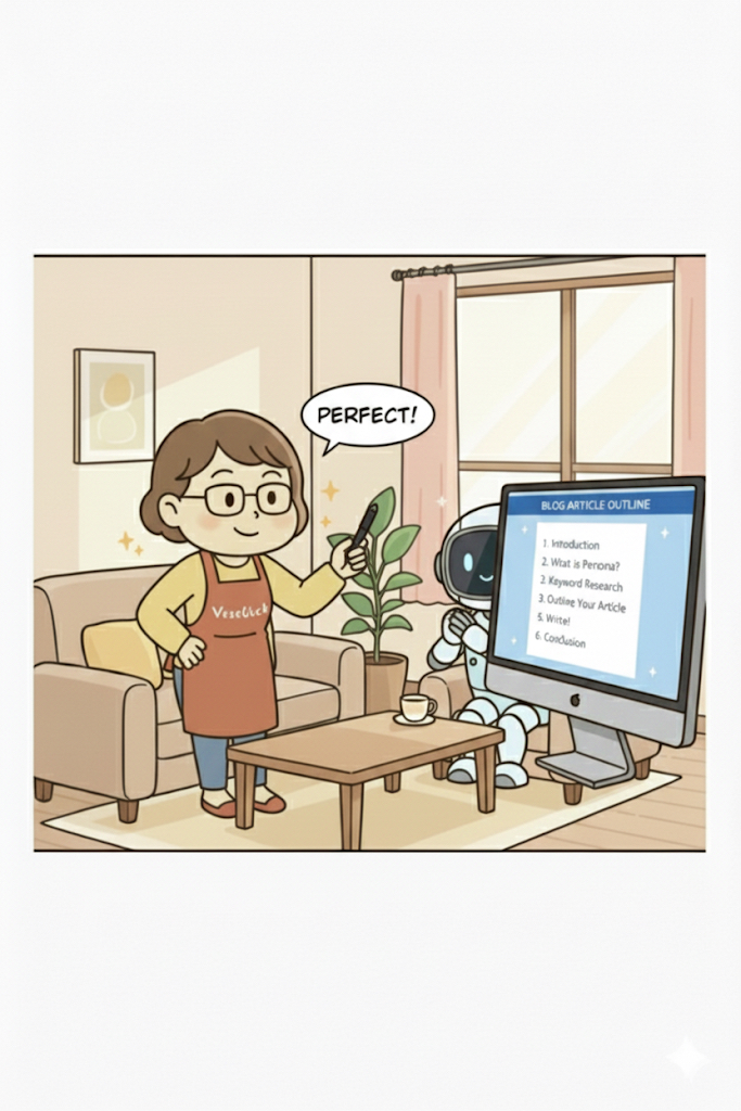 PC画面に記事の構成案が明確に表示され、ペンを握り自信に満ちた表情の主婦と頷くAIロボット