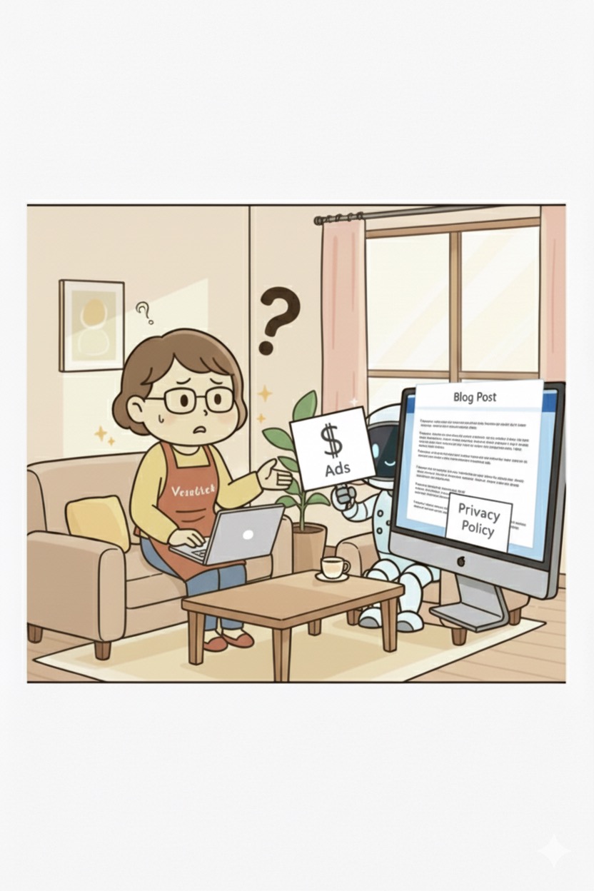ブログ記事を見ながら、どうやったら収入になるのか疑問を抱く主婦と、広告とプライバシーポリシーの紙を掲げるAIロボット