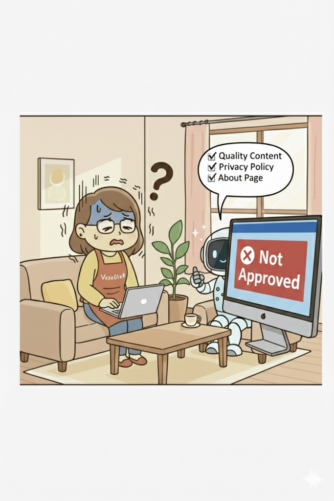 アドセンス不合格通知を見てショックを受ける主婦と、質の高いコンテンツやプライバシーポリシーの必要性を説くAIロボット