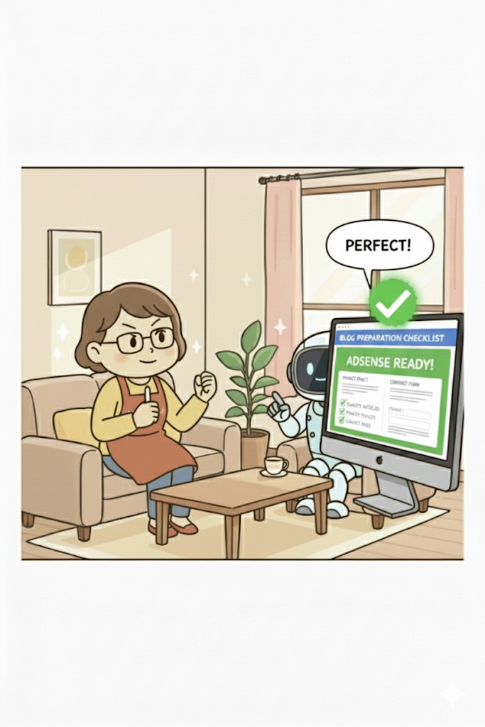 プライバシーポリシーやお問い合せフォームの確認画面を見て、自信を持って最終確認をする主婦と、合格チェックマークを指し示すAIロボット